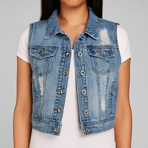 Denim distressed Jean Jacket Vest XS Buttons Western Cowgirl XS Casual Layering